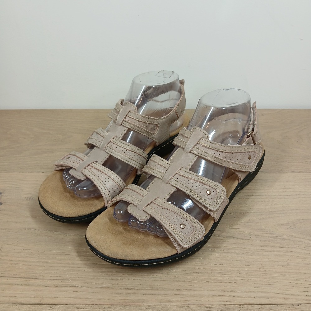 Clarks Collection Sandals Womens 9 Beige Leather Hook & Loop Comfort Walking